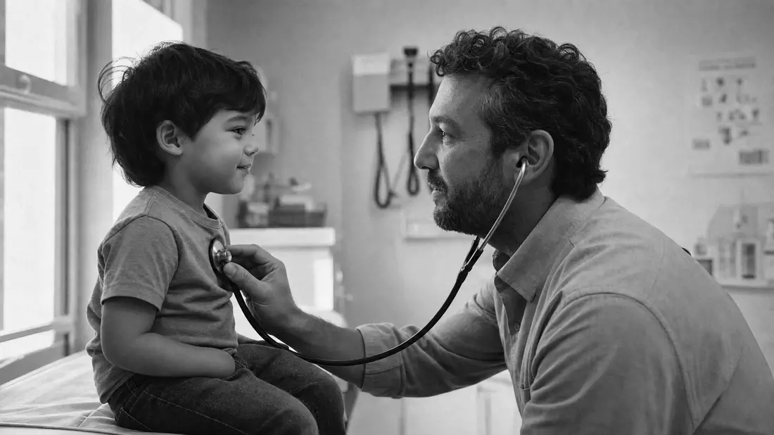 Black and white documentary photograph of a bearded pediatrician pressing a stethoscope to the chest of a young smiling child seated on an examination table, soft window light from the left, fine film grain, clinical room softly blurred in the background