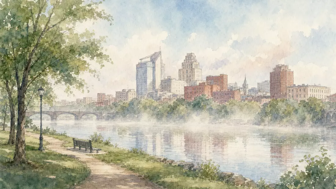 Soft watercolor painting of a city skyline across a calm misty river, a riverside park path in the foreground with a bench and lamp post under mature green trees, pastel blue sky, muted terracotta building facades reflected in the still water