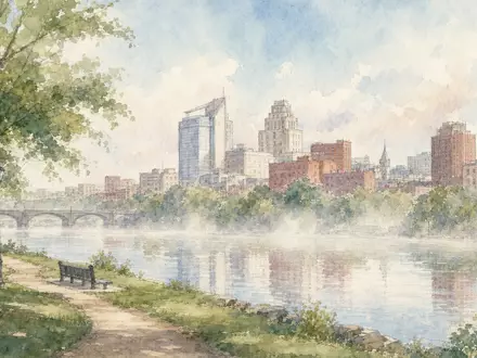 Johnson stammt aus New Brunswick, US4781601046 Aquarell zeigt Skyline mit Fluss und Park - Foto: THN