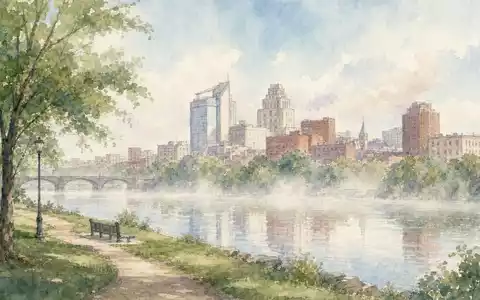 Johnson stammt aus New Brunswick, US4781601046 Aquarell zeigt Skyline mit Fluss und Park - Foto: THN