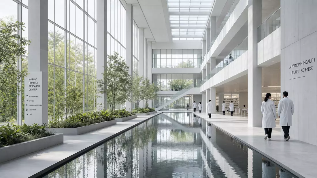 Architectural interior of a modern pharmaceutical research campus with a soaring glass-walled atrium, a long rectangular reflecting pool through its center, white-coated researchers walking past lush indoor plants, clean white concrete columns bathed in d