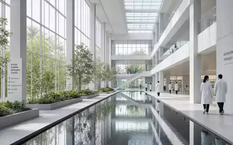 Johnson investiert in Pharma Forschung, US4781601046 Atrium mit Wasserbecken und hellem Tageslicht - Foto: THN