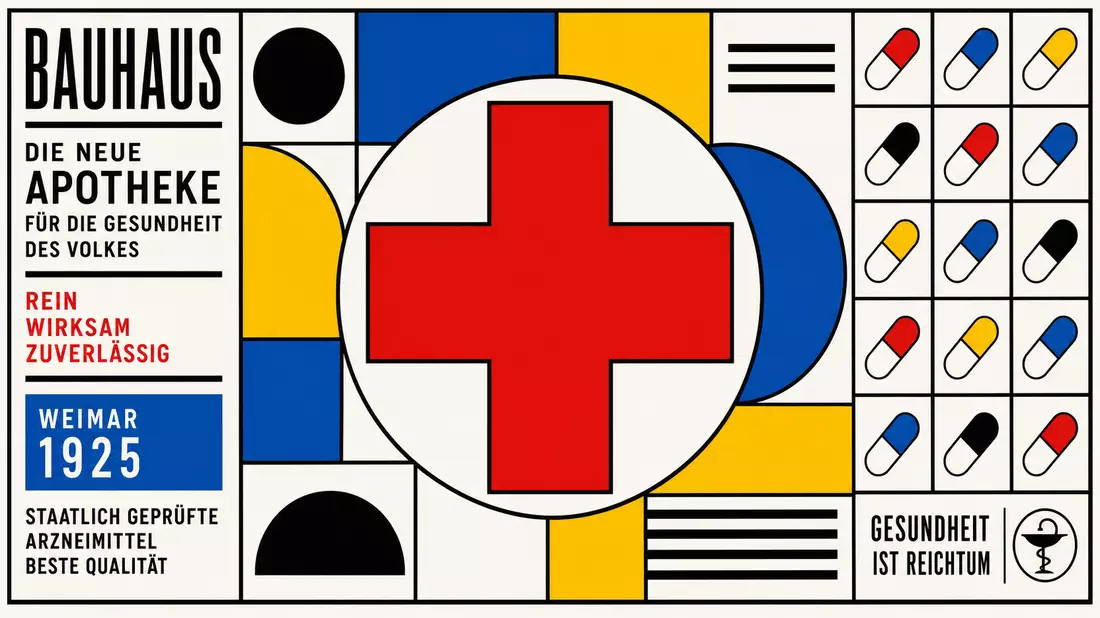 Bauhaus-style graphic design poster with a bold red medical cross inside a white circle centered on a grid of blue, yellow and black geometric shapes, a repeating pattern of colorful capsule pill icons on the right, flat primary colors and thick black out