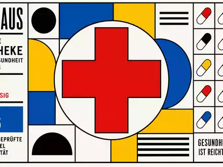 Johnson Pharma als Bauhaus Poster, US4781601046 geometrisches Kreuz in roten Primärfarben mit Pillen - Foto: THN