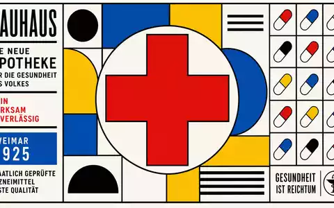Johnson Pharma als Bauhaus Poster, US4781601046 geometrisches Kreuz in roten Primärfarben mit Pillen - Foto: THN