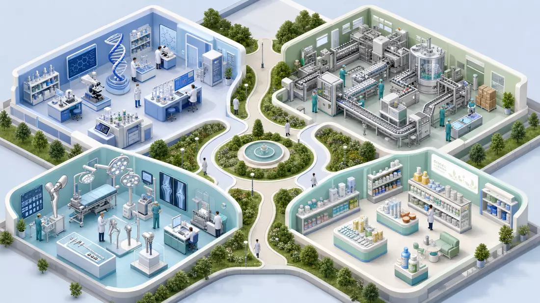 Isometric 3D illustration of a pharmaceutical campus with four color-coded sectors: a blue research 