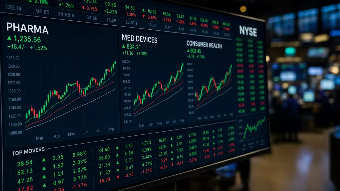 Close-up of a dark trading terminal screen displaying three sector charts labeled PHARMA, MED DEVICE