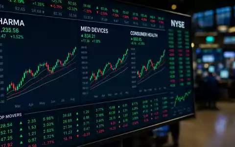 Johnson notiert an der NYSE, US4781601046 Pharma Med Devices Consumer Health Charts auf Bildschirm - Foto: THN