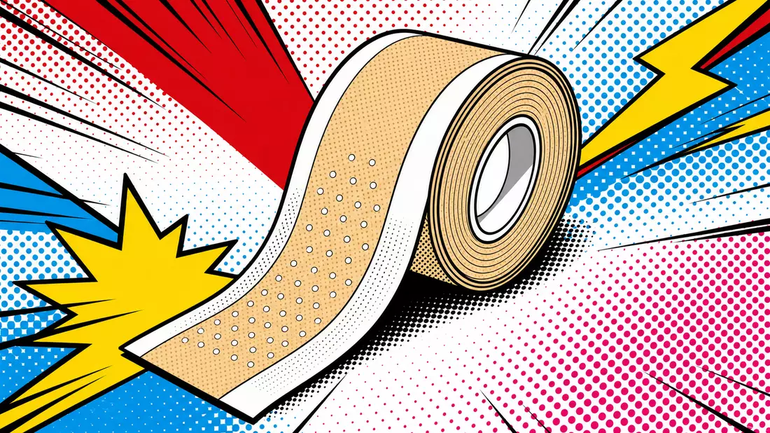 Pop art comic book illustration of a large beige adhesive bandage roll centered on a halftone dot background in cyan and magenta, bold black comic outlines, yellow starburst and red lightning bolt elements radiating outward, flat primary colors of red blu