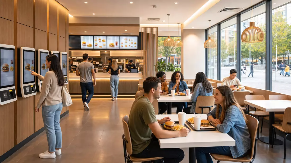Modernes Fast-Food-Restaurant mit Self-Order-Kiosks an der Wand, lächelnde Gäste an weißen Tischen, Mitarbeiter an der Theke, warmes Ambientlicht, große Fensterfront zur Stadtstraße, kein Branding