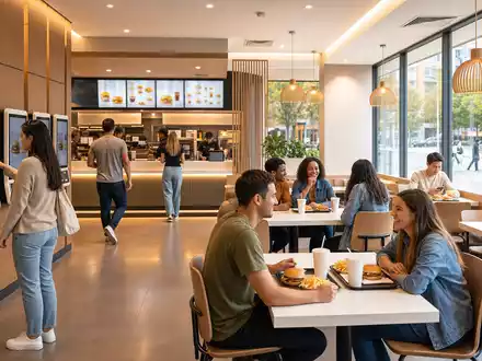 McDonald's modernes Restaurant US5801351017 zeigt Self-Order-Kiosks mit freundlichen Gästen im hellen Innenraum - Foto: THN