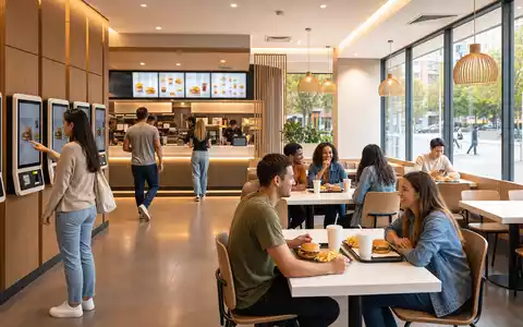 McDonald's modernes Restaurant US5801351017 zeigt Self-Order-Kiosks mit freundlichen Gästen im hellen Innenraum. - Foto: THN