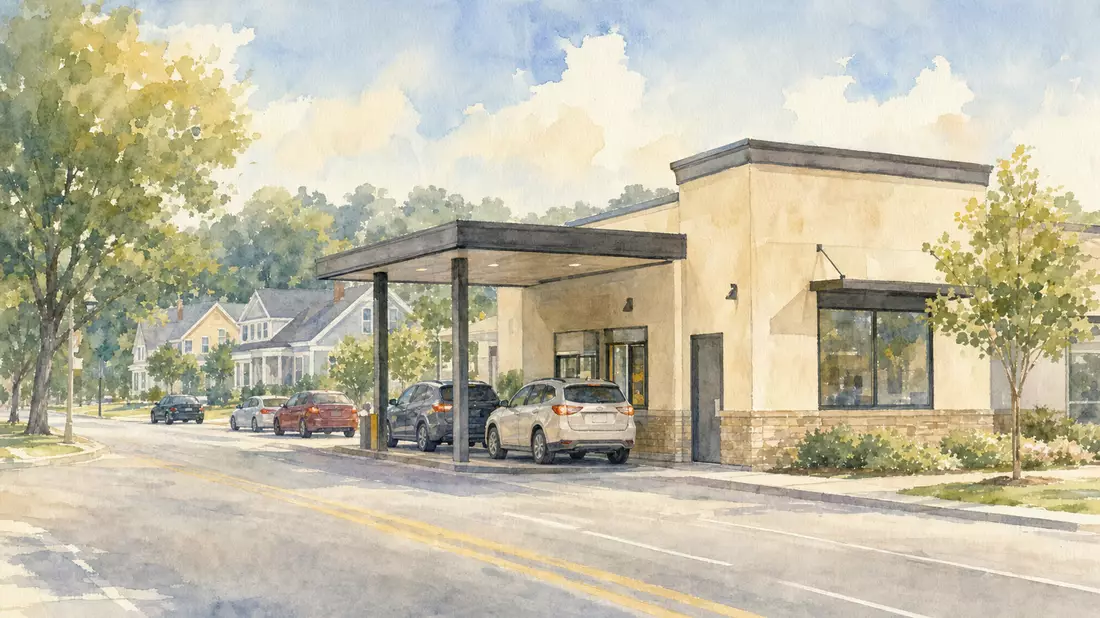Aquarellmalerei einer amerikanischen Kleinstadt mit neutralem Drive-Thru-Restaurant, wartende Autos 