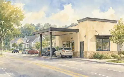 McDonald's Drive-Thru US5801351017 in amerikanischer Kleinstadt als eine stimmungsvolle Aquarell-Illustration in Pastelltönen - Foto: THN