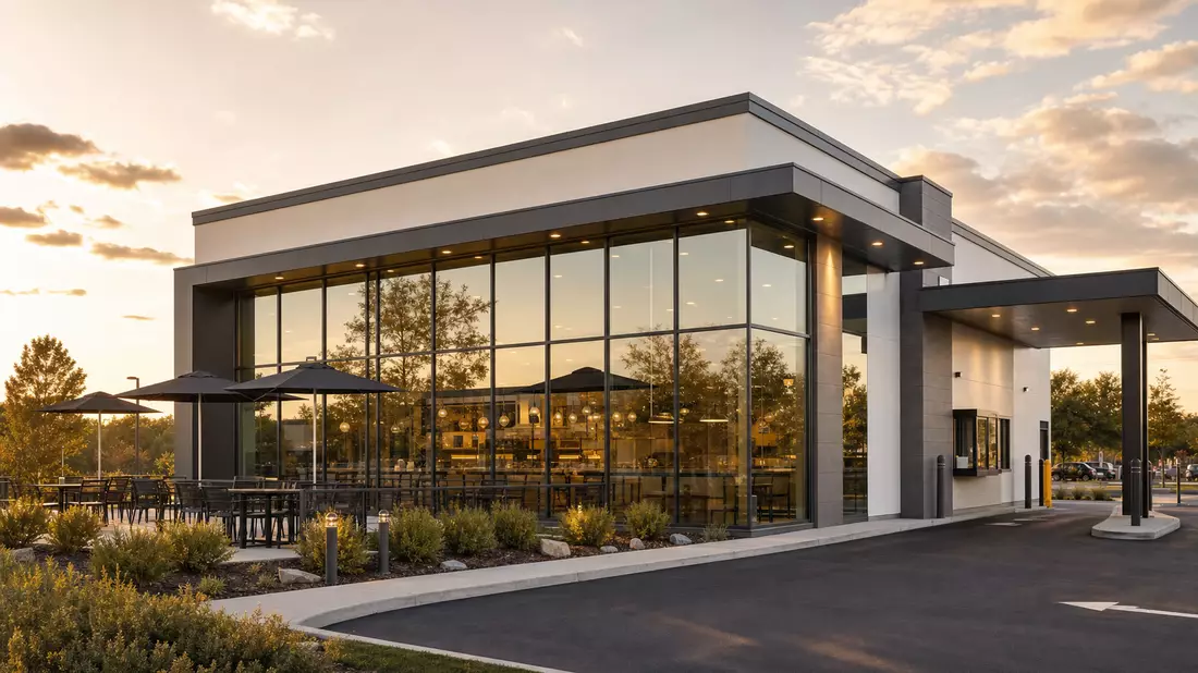 Architekturfoto eines modernen Schnellrestaurants mit Glasfront, Drive-Thru-Spur mit Überdachung rechts, Außenterrasse mit Sonnenschirmen links, goldenes Abendlicht, neutrale Farben, kein Branding