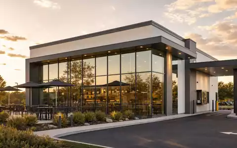 McDonald's Restaurantgebäude US5801351017 besticht mit moderner Glasfront, einer Drive-Thru-Spur und gepflegter Außenterrasse - Foto: THN
