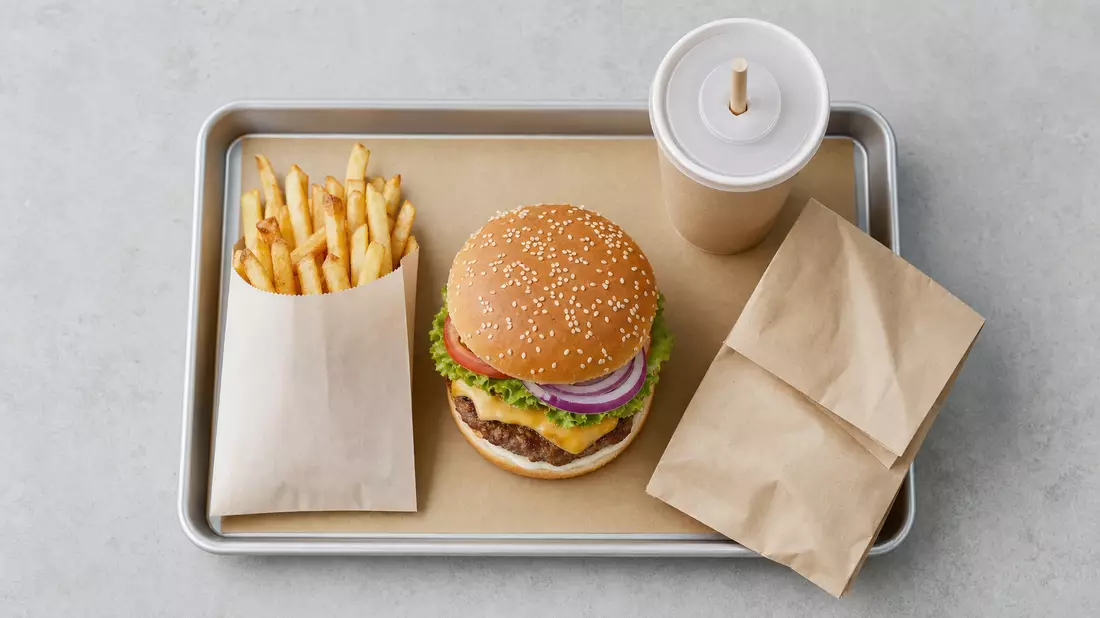 Overhead-Flatlay eines Fast-Food-Tabletts mit Cheeseburger, goldenen Pommes im Papierbeutel, Pappbecher mit Strohhalm und gefalteter Papiertüte, weißgrauer Untergrund, weiches Studiolicht, kein Branding