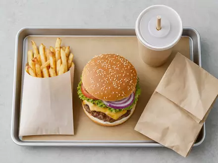 McDonald's Fast-Food-Flatlay US5801351017 zeigt einen Burger, Pommes, Becher und Papiertüte auf Tablett - Foto: THN