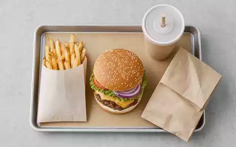 McDonald's Fast-Food-Flatlay US5801351017 zeigt einen Burger, Pommes, Becher und Papiertüte auf Tablett - Foto: THN
