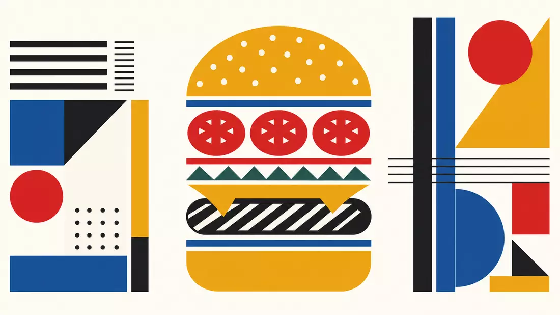 Bauhaus-Grafikdesign mit geometrisch abstrahiertem Burger-Querschnitt in Primärfarben Rot, Gelb und Blau, Kreise und Rechtecke als Burger-Schichten, weißer Hintergrund, kein Branding