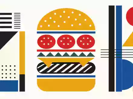 McDonald's geometrische Burger Illustration US5801351017 im Bauhaus Stil zeigt Formen in roten blauen gelben Farben - Foto: THN
