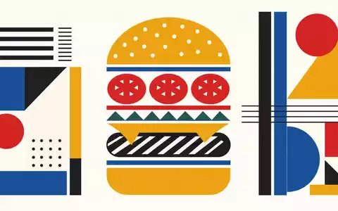 McDonald's geometrische Burger Illustration US5801351017 im Bauhaus Stil zeigt Formen in roten blauen gelben Farben. - Foto: THN