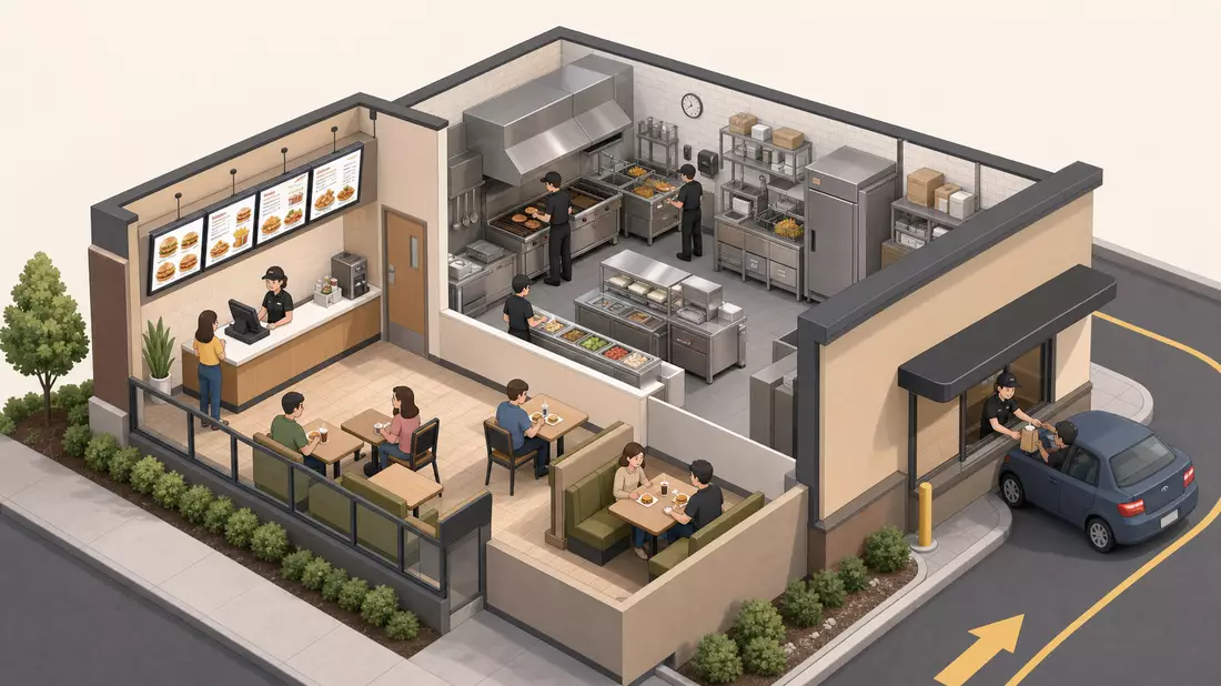 Isometrische 3D-Illustration eines Schnellrestaurant-Querschnitts: Bestelltheke links, Küche Mitte, Drive-Thru-Fenster rechts, Sitzbereich vorne, neutrale Pastellfarben, Cartoon-Figuren, kein Branding