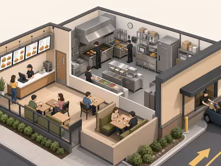 McDonald's Restaurant US5801351017 als isometrische 3D-Illustration zeigt die Küche, Bestelltheke und Drive-Thru-Bereich - Foto: THN