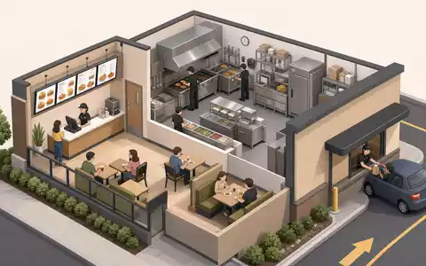 McDonald's Restaurant US5801351017 als isometrische 3D-Illustration zeigt die Küche, Bestelltheke und Drive-Thru-Bereich - Foto: THN