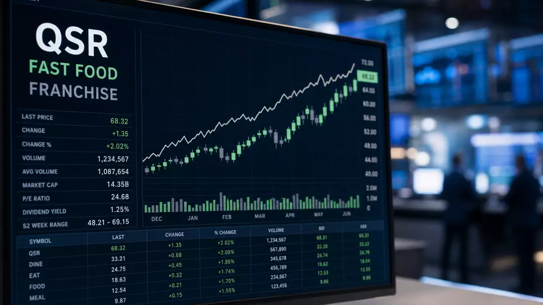 Finanzredaktionelles Foto eines Handelsmonitors mit QSR, FAST FOOD und FRANCHISE Bezeichnungen, aufsteigender Candlestick-Chart in Grün und Grau, Trading-Datentabelle, unscharfer Handelssaal, blaue Töne