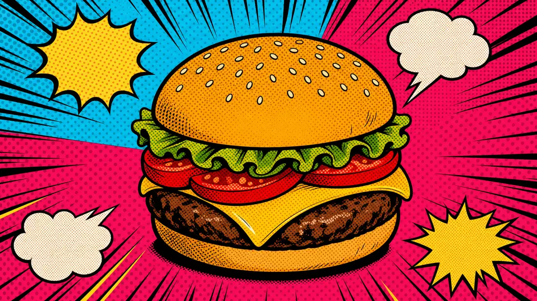 Pop-Art-Comic-Illustration mit stilisiertem Cheeseburger im Zentrum, Halftone-Punkte in Cyan und Magenta, ausstrahlende Speed-Lines, kräftige Schwarzkonturen, leere Sprechblasen, 1960er-Retroästhetik