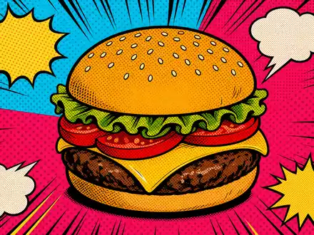 McDonald's farbenfrohe Burger Illustration US5801351017 im Pop Art Stil mit Punktmuster, Geschwindigkeitslinien und Sprechblasen - Foto: THN