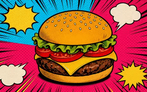 McDonald's farbenfrohe Burger Illustration US5801351017 im Pop Art Stil mit Punktmuster, Geschwindigkeitslinien und Sprechblasen - Foto: THN