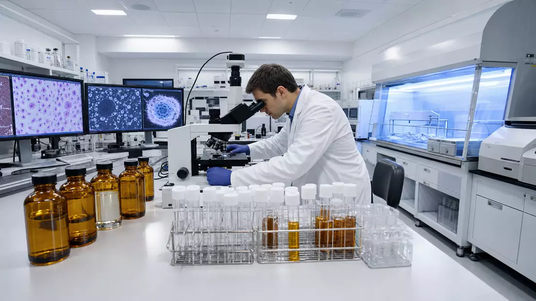 Photorealistic wide-angle view of a modern oncology research laboratory. A scientist in white lab coat examines cancer cell slides under a fluorescence microscope. Amber glass vials with pharmaceutical compounds line the stainless steel bench. Biosafety c