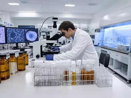 Merck US58933Y1055 Onkologie-Labor: Wissenschaftler am Mikroskop analysiert Krebszellen, mehrere Wirkstoff-Vials stehen auf der Werkbank - Foto: THN