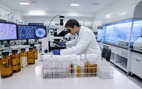 Merck US58933Y1055 Onkologie-Labor: Wissenschaftler am Mikroskop analysiert Krebszellen, mehrere Wirkstoff-Vials stehen auf der Werkbank - Foto: THN