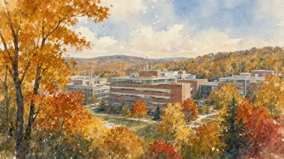 Soft watercolor illustration of an American pharmaceutical campus nestled in New Jersey autumn forests. Brick and glass research buildings with horizontal ribbon windows rise above golden and red maple trees. Wooded hills recede into a pale blue sky rende