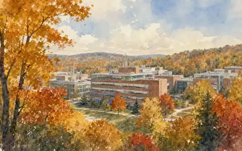 Merck US58933Y1055 Campus-Aquarell: Herbstliche Pharma-Forschungsgebäude liegen tief eingebettet in den New-Jersey-Wäldern, weiche Pastelltöne - Foto: THN
