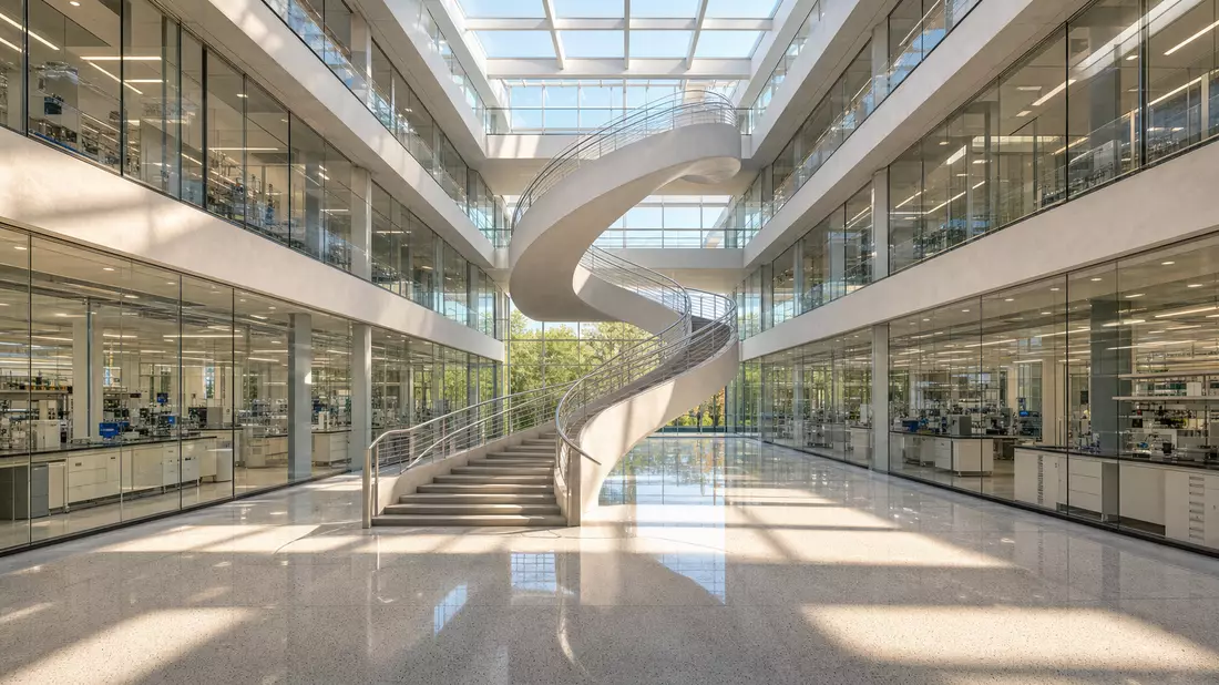 Architectural interior of a modern pharmaceutical research building. A sweeping white concrete spira