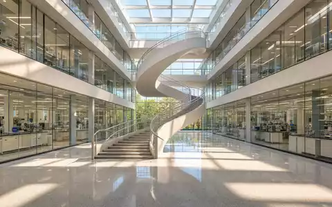 Merck US58933Y1055 Forschungsgebäude: Glasatrium mit weißer Wendeltreppe aus Beton verbindet alle Laboretagen - Foto: THN