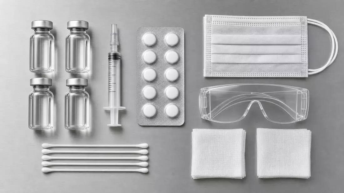 Overhead flatlay of pharmaceutical materials on polished stainless steel. Four clear glass vials with rubber stoppers, a loaded syringe, a pressed tablet blister pack, a folded surgical mask, protective safety goggles, cotton swabs, and sterile gauze arra