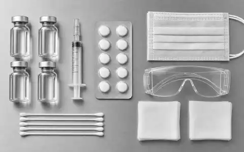 Merck US58933Y1055 Pharma-Flatlay auf poliertem Edelstahl: Vials, Spritze, Tablettenblister, Maske und Schutzbrille - Foto: THN