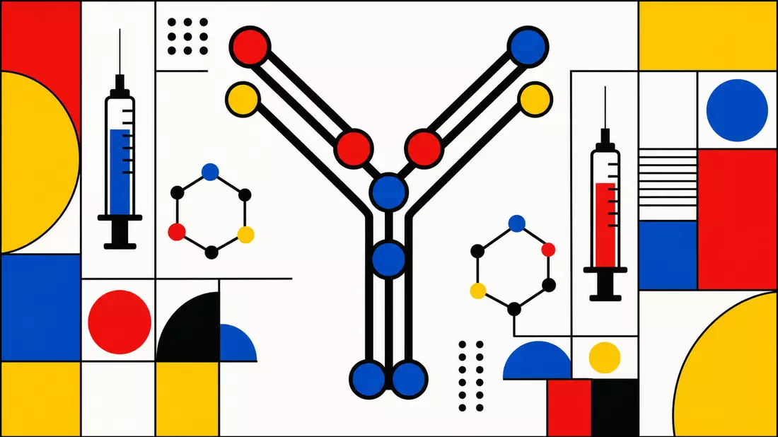 Bauhaus-style graphic design poster. Central geometric Y-shaped antibody molecular structure in bold black lines with primary-color nodes. Flat syringe icon silhouettes and hexagonal molecule shapes flank the Y in a strict Bauhaus grid. Pure red, yellow, 