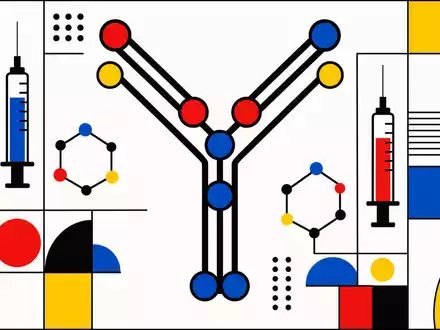 Merck US58933Y1055 Bauhaus-Poster: Geometrische Antikörper-Y-Struktur mit Spritzen-Icons, Primärfarben Rot, Gelb und Blau - Foto: THN