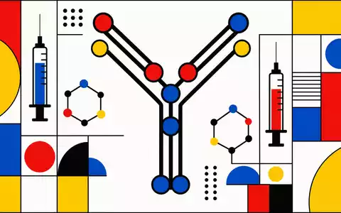 Merck US58933Y1055 Bauhaus-Poster: Geometrische Antikörper-Y-Struktur mit Spritzen-Icons, Primärfarben Rot, Gelb und Blau - Foto: THN