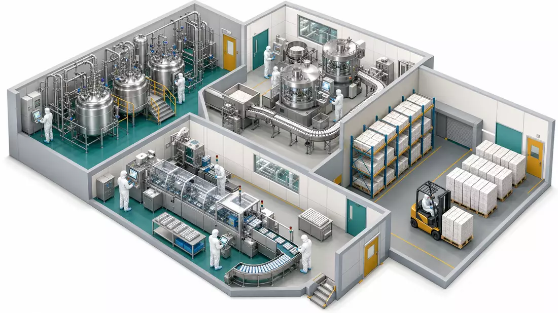 Isometric 3D illustration cutaway of a pharmaceutical manufacturing plant. Four interconnected zones show synthesis reactors with steel piping, a rotary tablet press with conveyor belts, a blister packaging line with foil sealing machines, and a pallet wa