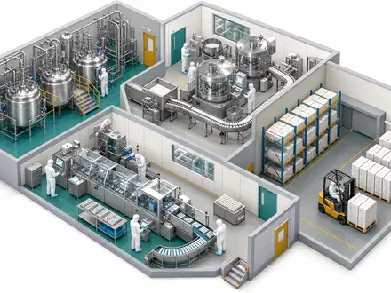 Merck US58933Y1055 Pharma-Werk isometrisch: Reaktor, Wirkstoff-Synthese, Tablettenpresse, Verpackungslinie und Logistik-Lager im Querschnitt - Foto: THN