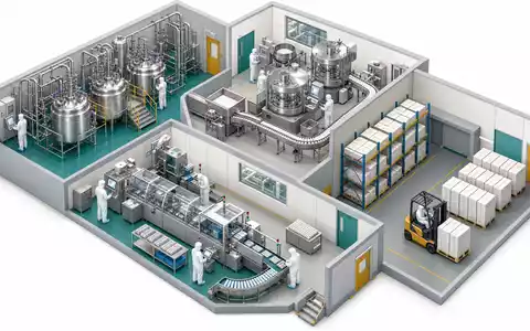 Merck US58933Y1055 Pharma-Werk isometrisch: Reaktor, Wirkstoff-Synthese, Tablettenpresse, Verpackungslinie und Logistik-Lager im Querschnitt - Foto: THN
