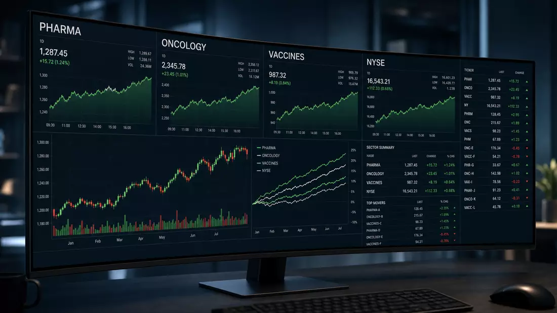 Editorial photograph of a large curved widescreen trading monitor displaying pharmaceutical sector data. Panels labeled PHARMA, ONCOLOGY, VACCINES, NYSE show upward-trending line charts and candlestick data in green and white on a dark charcoal background