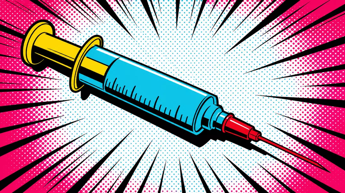 Bold pop art comic book illustration of a large stylized medical syringe in cyan, yellow, and red wi